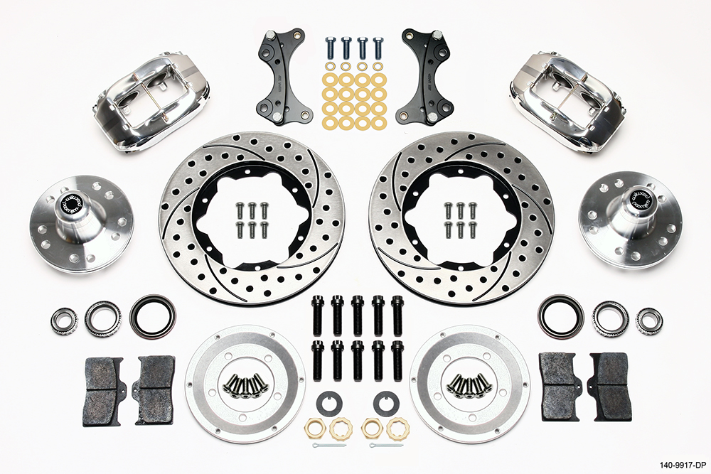 Wilwood Forged Dynalite Pro Series Front Brake Kit Parts Laid Out - Polish Caliper - SRP Drilled & Slotted Rotor