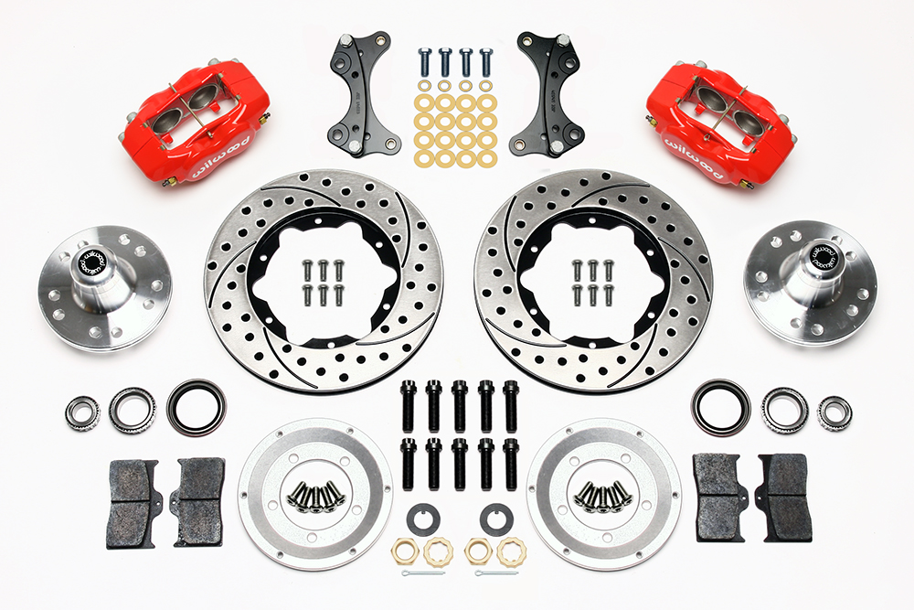 Wilwood Forged Dynalite Pro Series Front Brake Kit Parts Laid Out - Red Powder Coat Caliper - SRP Drilled & Slotted Rotor