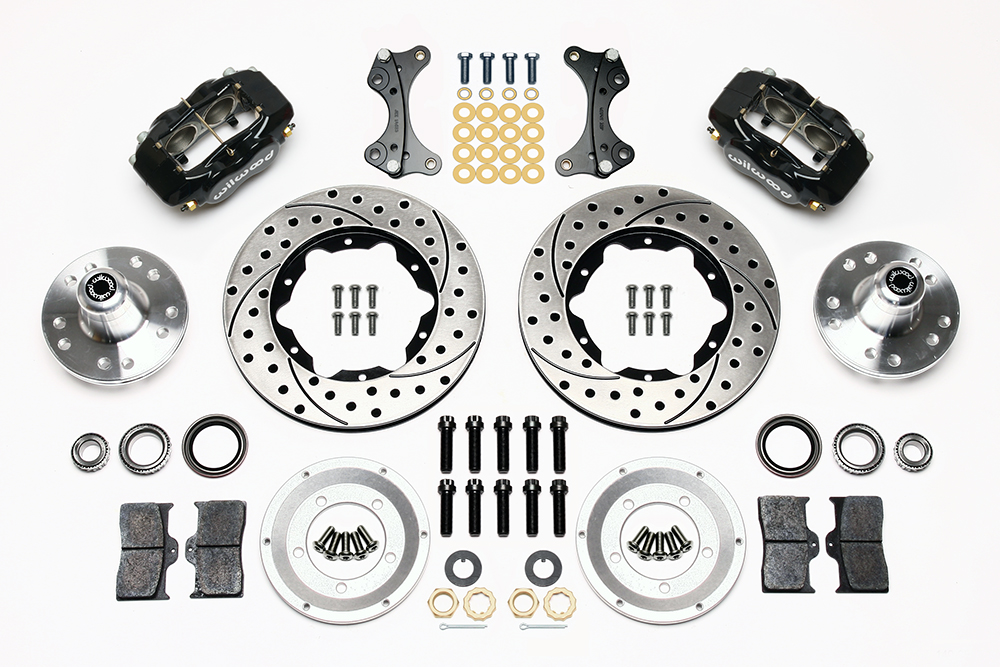 Wilwood Forged Dynalite Pro Series Front Brake Kit Parts Laid Out - Black Powder Coat Caliper - SRP Drilled & Slotted Rotor