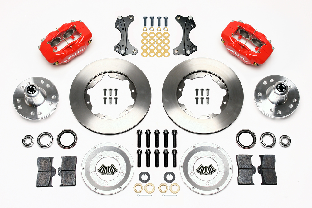 Wilwood Forged Dynalite Pro Series Front Brake Kit Parts Laid Out - Red Powder Coat Caliper - Plain Face Rotor