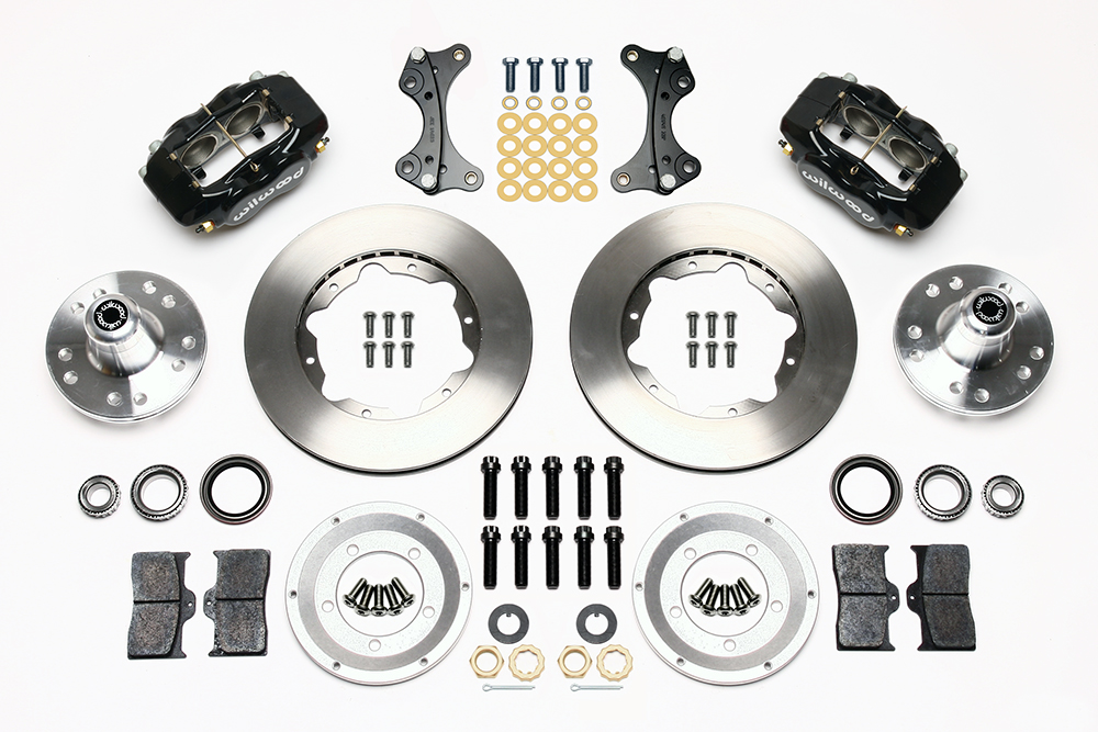 Wilwood Forged Dynalite Pro Series Front Brake Kit Parts Laid Out - Black Powder Coat Caliper - Plain Face Rotor