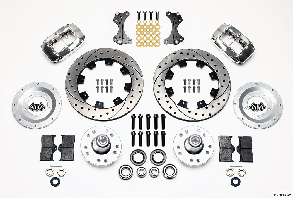 Wilwood Forged Dynalite Big Brake Front Brake Kit (Hub) Parts Laid Out - Polish Caliper - SRP Drilled & Slotted Rotor