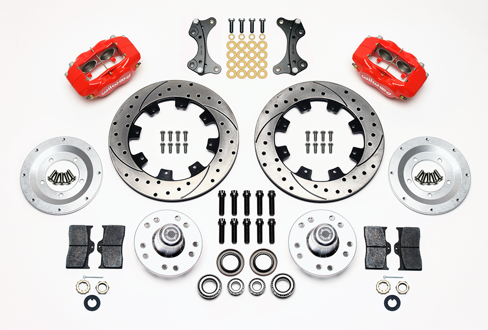 Wilwood Forged Dynalite Big Brake Front Brake Kit (Hub) Parts Laid Out - Red Powder Coat Caliper - SRP Drilled & Slotted Rotor