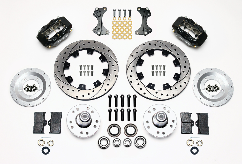 Wilwood Forged Dynalite Big Brake Front Brake Kit (Hub) Parts Laid Out - Black Powder Coat Caliper - SRP Drilled & Slotted Rotor