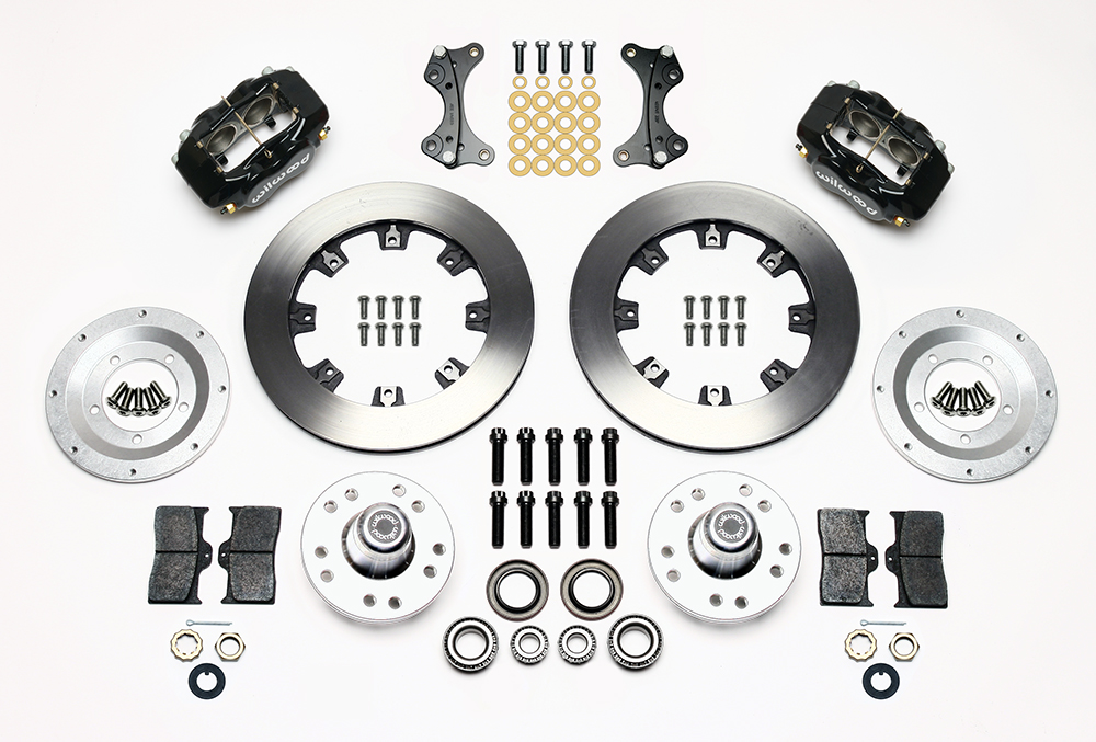 Wilwood Forged Dynalite Big Brake Front Brake Kit (Hub) Parts Laid Out - Black Powder Coat Caliper - Plain Face Rotor