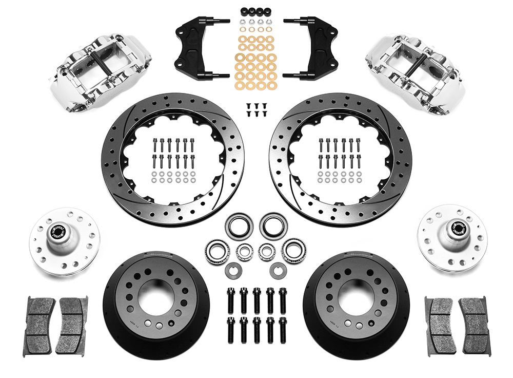 Wilwood Forged Narrow Superlite 6R Big Brake Front Brake Kit (Hub) Parts Laid Out - Polish Caliper - SRP Drilled & Slotted Rotor