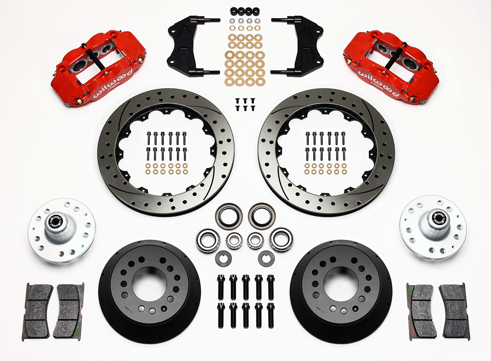 Wilwood Forged Narrow Superlite 6R Big Brake Front Brake Kit (Hub) Parts Laid Out - Red Powder Coat Caliper - SRP Drilled & Slotted Rotor