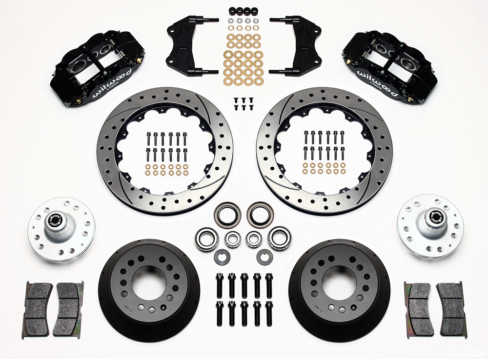 Wilwood Forged Narrow Superlite 6R Big Brake Front Brake Kit (Hub) Parts Laid Out - Black Powder Coat Caliper - SRP Drilled & Slotted Rotor