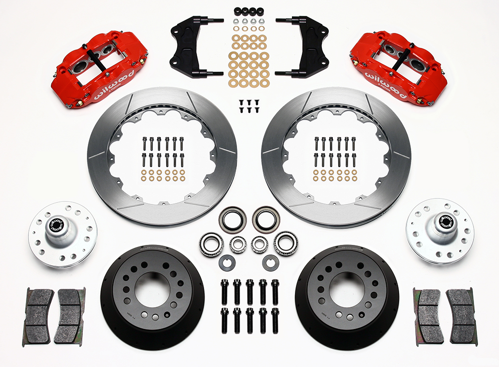 Wilwood Forged Narrow Superlite 6R Big Brake Front Brake Kit (Hub) Parts Laid Out - Red Powder Coat Caliper - GT Slotted Rotor