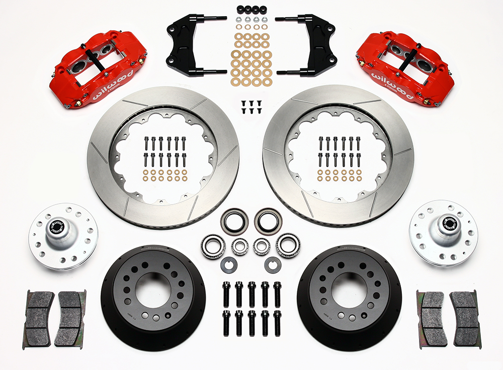 Wilwood Forged Narrow Superlite 6R Big Brake Front Brake Kit (Hub) Parts Laid Out - Red Powder Coat Caliper - GT Slotted Rotor