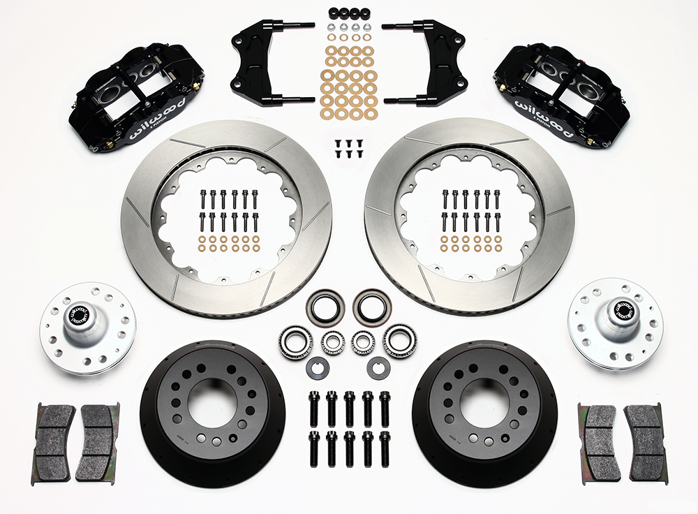 Wilwood Forged Narrow Superlite 6R Big Brake Front Brake Kit (Hub) Parts Laid Out - Black Powder Coat Caliper - GT Slotted Rotor