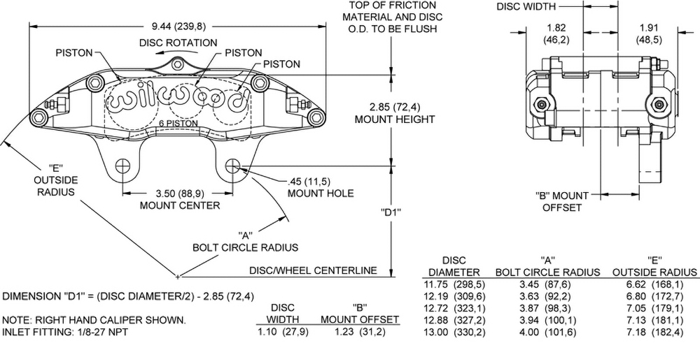 Dimensions for the Billet Narrow Superlite 6 Lug Mount