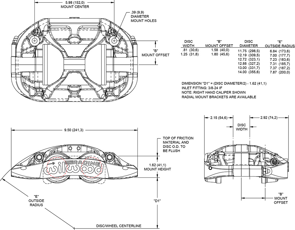 XRZ4R Radial Mount Caliper Drawing