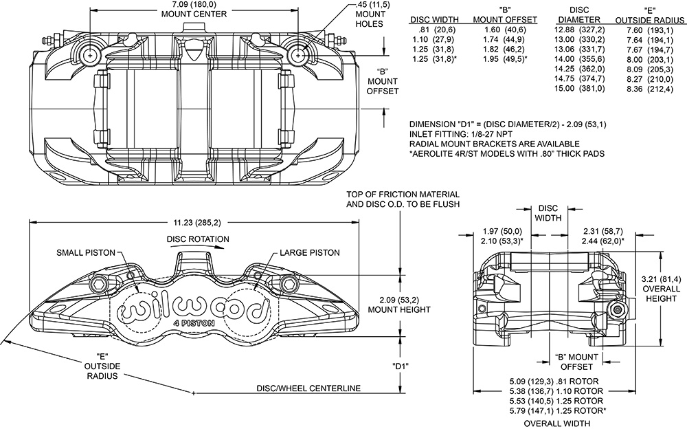 Aero4-DS Radial Mount Caliper Drawing