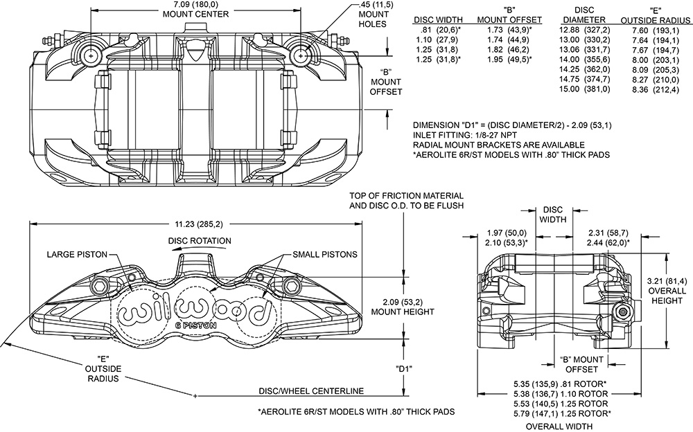 Dimensions for the Aero6-DS Radial Mount