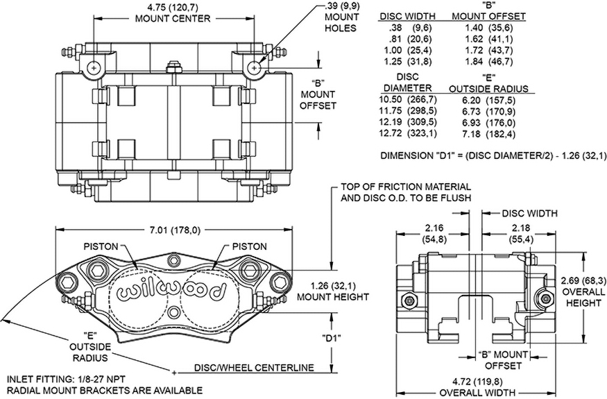 Dimensions for the Billet Narrow Dynalite Radial Mount