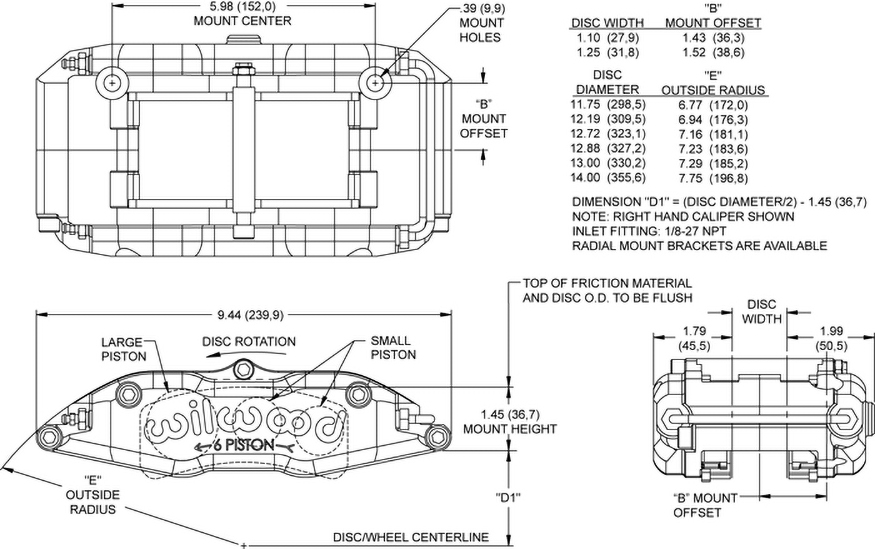 Dimensions for the Billet Narrow Superlite 6 Radial Mount