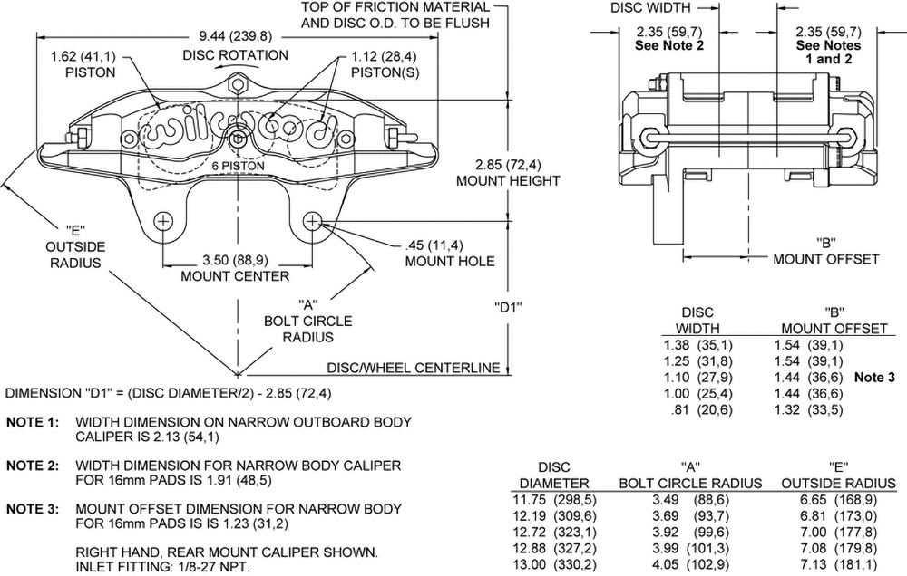 Dimensions for the Billet Superlite 6-W5