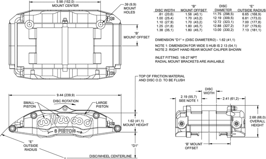 Dimensions for the Billet Superlite 6 -W5 Radial Mount