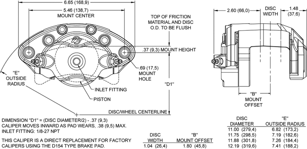 Dimensions for the D154-R Single Piston Floater