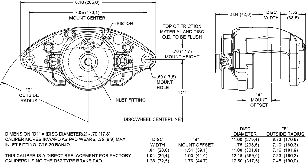 D52-R Single Piston Floater Caliper Drawing