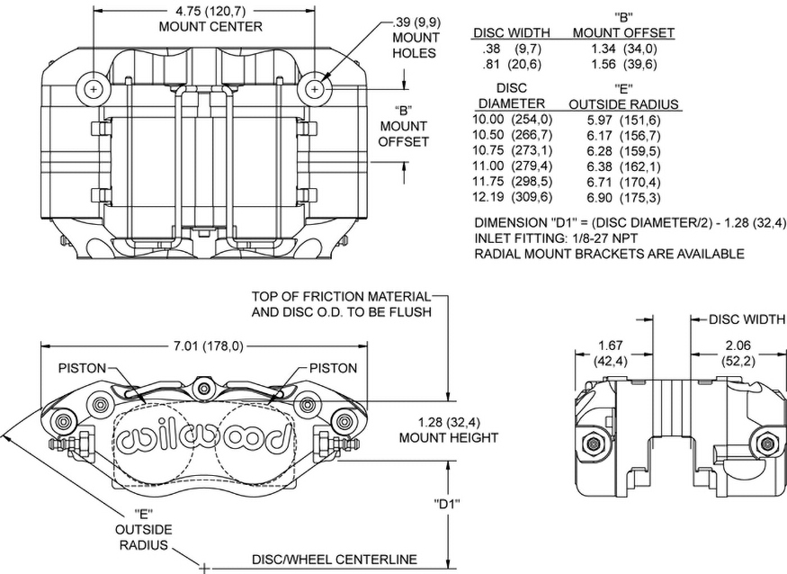 Dimensions for the Narrow Dynapro Radial Mount