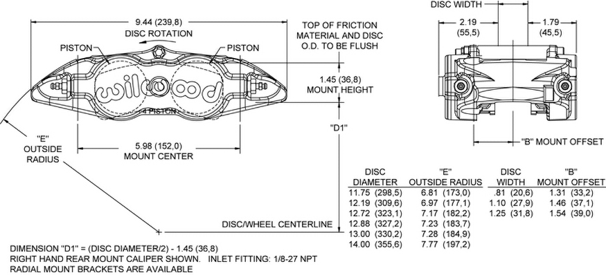 Dimensions for the Forged Narrow Superlite 4 Dust Seal Radial Mount