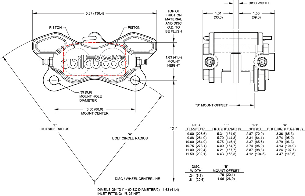 Dimensions for the GP320 Caliper