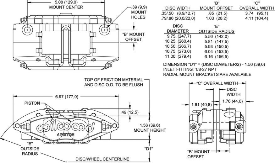 Powerlite Radial Mount Caliper Drawing