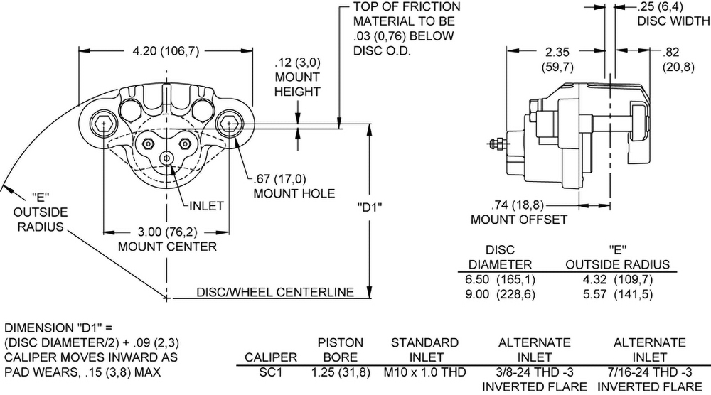 Dimensions for the SC1 Single Piston