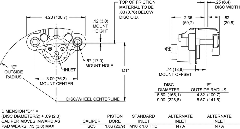 Dimensions for the SC3 Single Piston