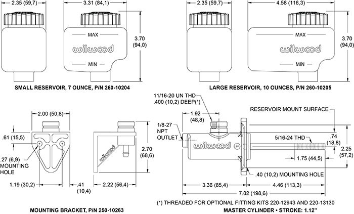 Wilwood 260-10374 Compact Master Cylinder Kit 7/8 Combination master Cylinder