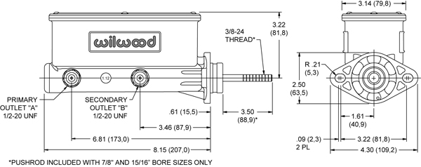 Aluminum Tandem Master Cylinder w/ Pushrod Drawing