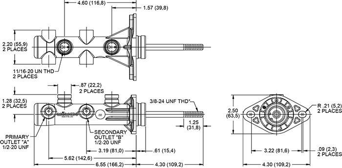 Wilwood Remote Tandem Master Cylinder w/ Pushrod Drawing