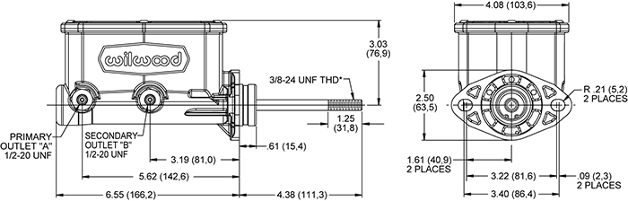 Compact Tandem Master Cylinder w/ Pushrod Drawing