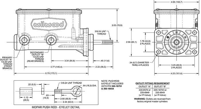 Compact Tandem Master Cylinder Mopar 4-Bolt w/push Drawing