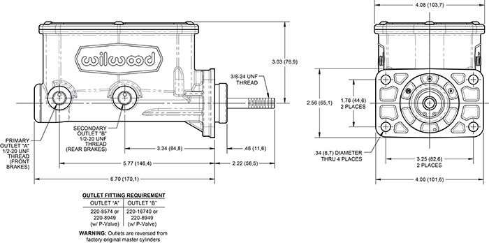 Compact Tandem Master Cylinder Mopar 4-Bolt Drawing