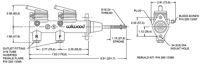 Wilwood Tandem Remote Master Cylinder Drawing