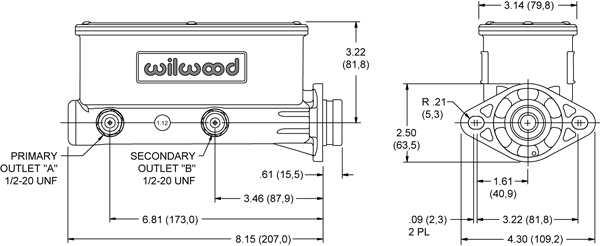 Wilwood 260-8556 Aluminum Master Cylinder Tandem Chamber 1-1/8" Bore 
