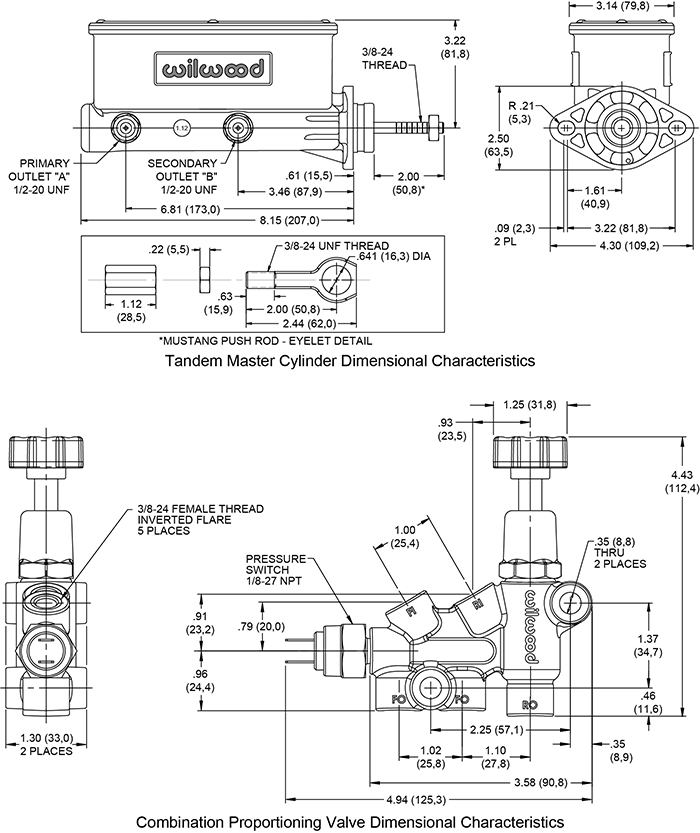 Wilwood Aluminum Tandem M/C w/Bracket and Valve (Mustang) Drawing