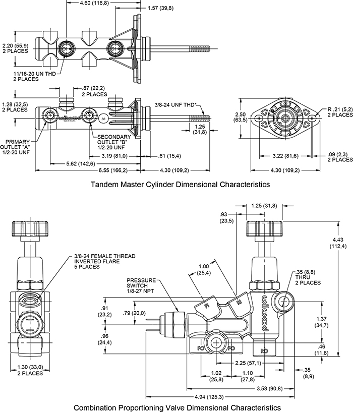 Remote Tandem M/C Kit w/Pushrod, Bracket and Valve Drawing