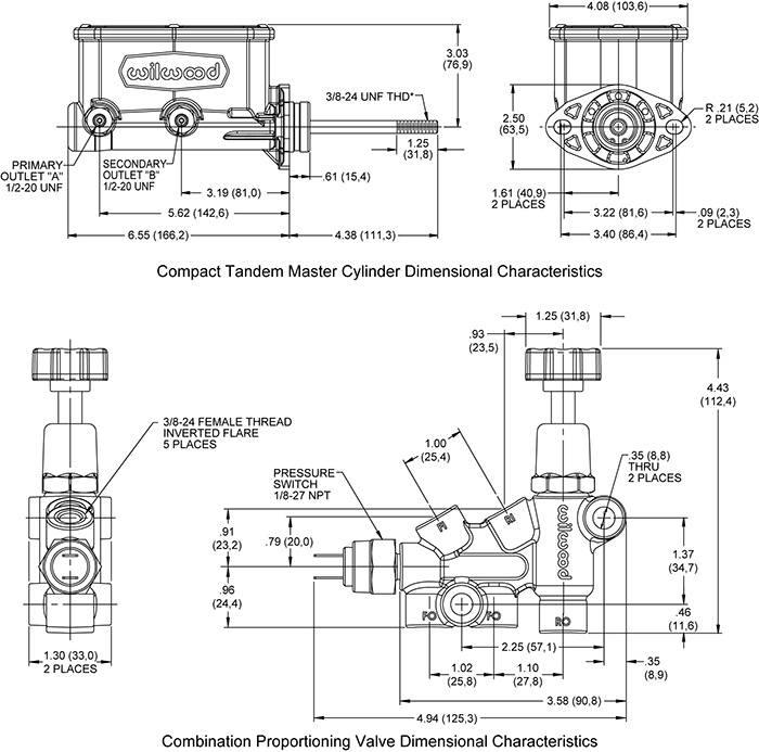 Wilwood Compact Tandem M/C w/Bracket and Valve (Pushrod) Drawing