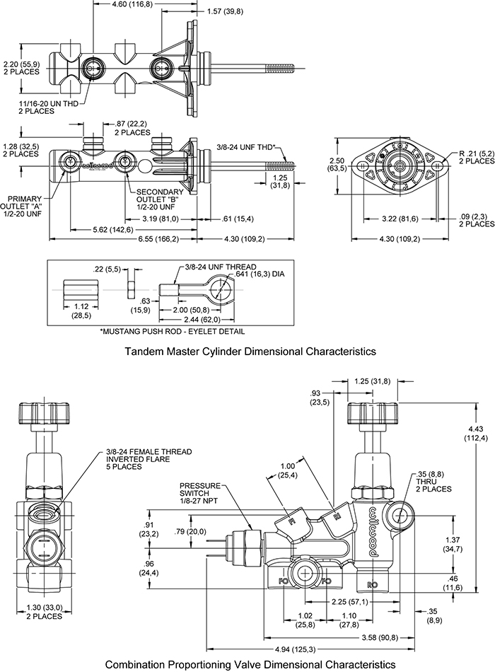 Wilwood Remote Tandem M/C Kit w/Brkt and Valve (Mustang) Drawing