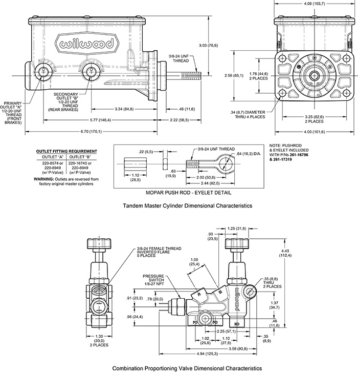 Wilwood Compact Tandem M/C w/Brkt, Valve and Push (Mopar) Drawing