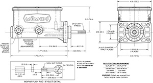 Compact Tandem Master Cylinder Mopar 4-Bolt w/push Drawing