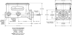 Compact Tandem Master Cylinder Mopar 4-Bolt Drawing