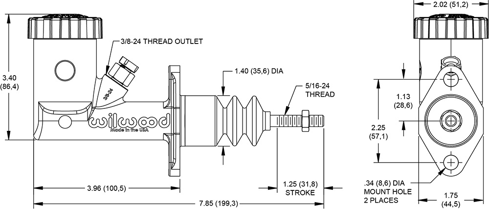 Wilwood GS Compact Integral Master Cylinder Drawing