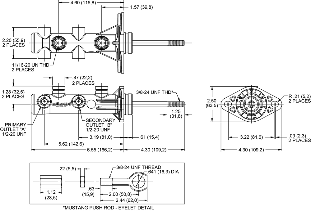 Wilwood Remote Tandem M/C for Classic Mustang Drawing