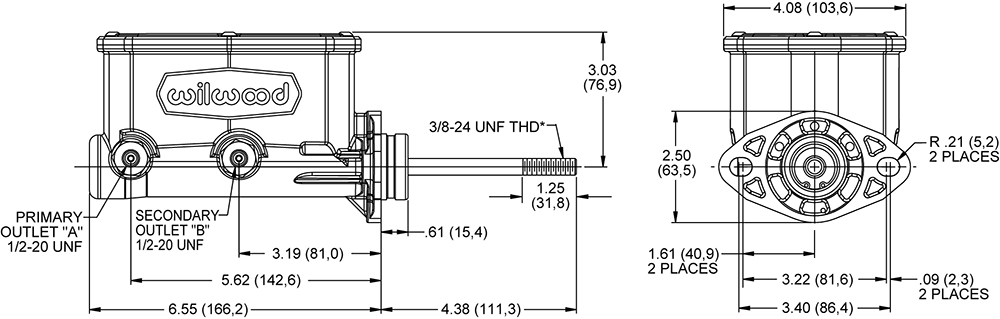 Wilwood Compact Tandem Master Cylinder w/ Pushrod Drawing