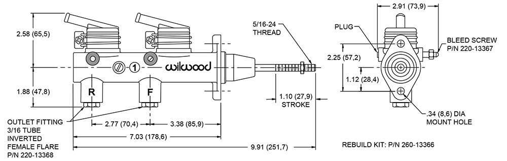 Wilwood Tandem Remote Master Cylinder Drawing